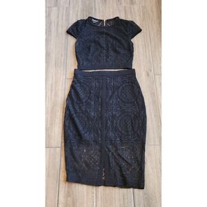 bebe Black Lace 2 Piece Set Crop Top and Midi Pencil Skirt Size 2